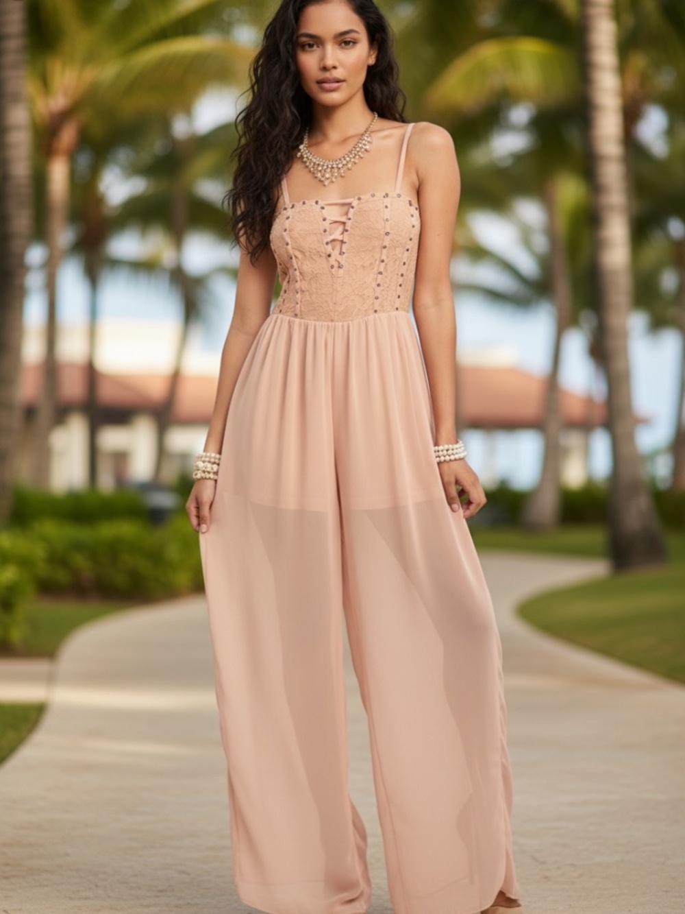 NWT Women's Peekaboo Lace Overlay Chiffon Wide Leg Jumpsuit